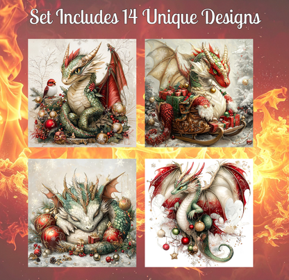 four distinct illustrations of dragons, each with unique designs and decorations. The dragons are adorned with Christmas ornaments, and the background features a fiery, red-orange color. The illustrations showcase a variety of styles and themes, making the set diverse and visually appealing.