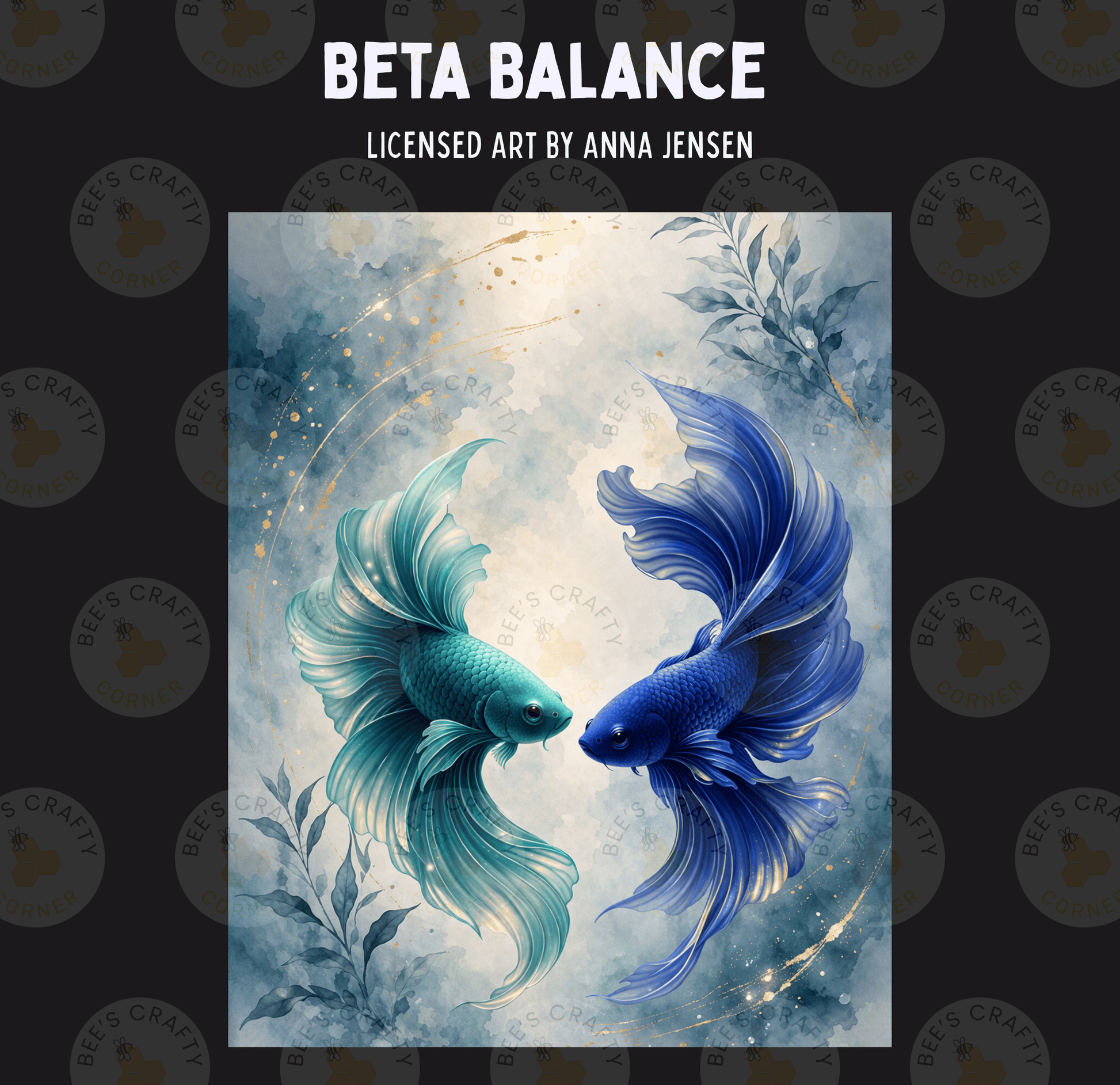 The image is a digital artwork depicting two vibrant fish, one blue and one green, with flowing fins and tails, set against a backdrop of water and plants.