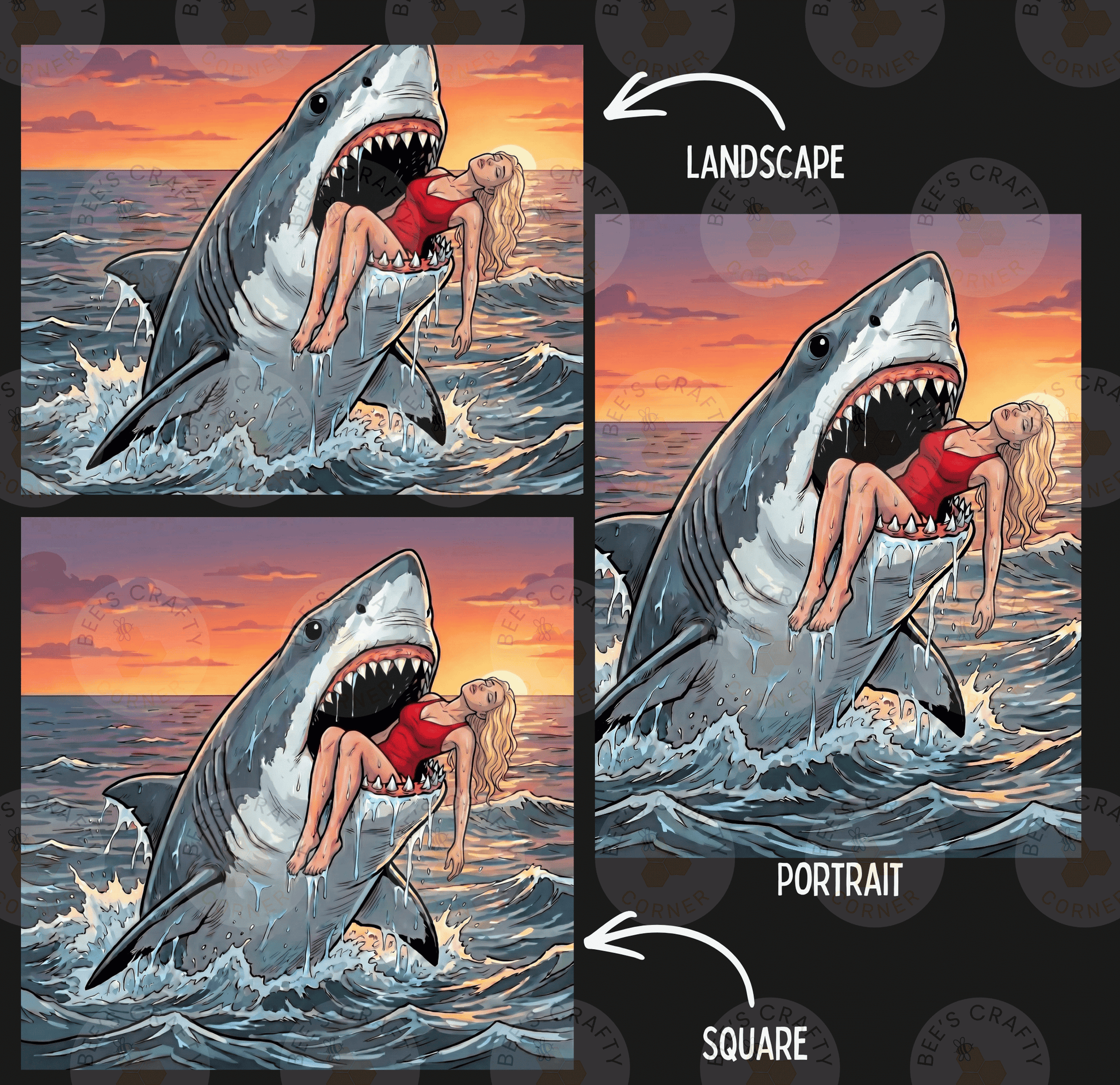 The image is a collage of three images depicting a woman in a red swimsuit being held by a large shark in the ocean. The first image shows the woman being held by the shark's mouth, the second image shows the woman being held by the shark's mouth, and the third image shows the woman being held by the shark's mouth.