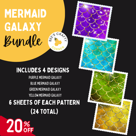 The image is an advertisement for a "Mermaid Galaxy Bundle" that includes four different designs of mermaid-themed patterns, each with six sheets of the pattern. The bundle is offered at a 20% discount.