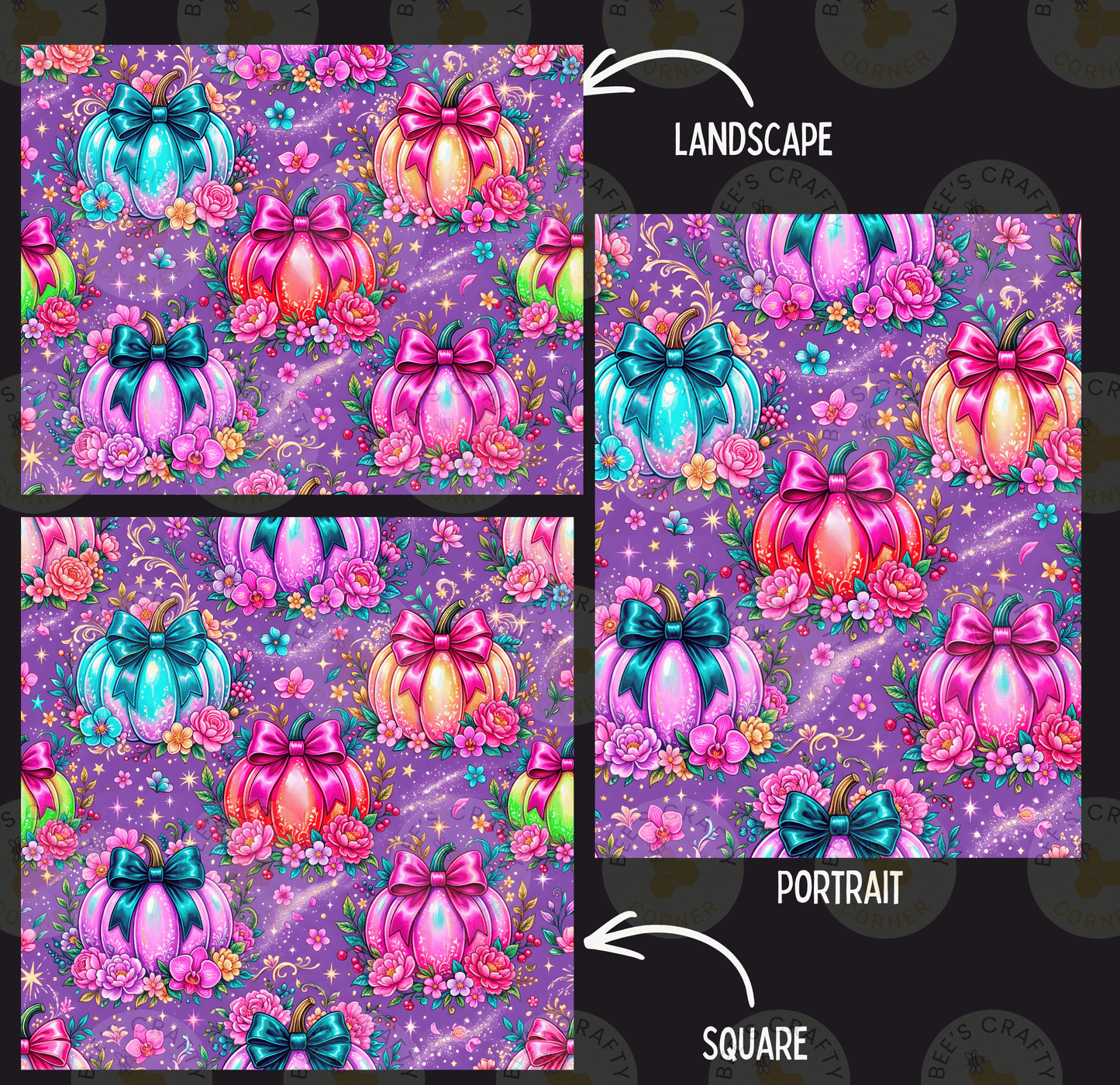 a collage of three pictures, each featuring a pattern of pumpkins with bows on a purple background. The first image is a landscape, the second is a portrait, and the third is a square.