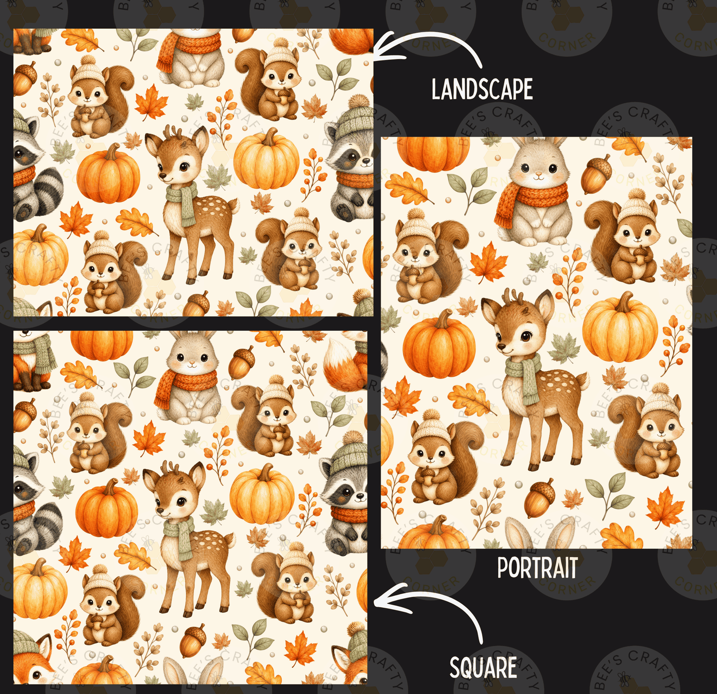 a repeating pattern of various woodland animals, including deer, squirrels, and raccoons, along with autumn-themed elements such as pumpkins, leaves, and acorns. The image is divided into three sections, with the top and bottom sections labeled "LANDSCAPE" and "PORTRAIT" respectively, and the middle section labeled "SQUARE".
