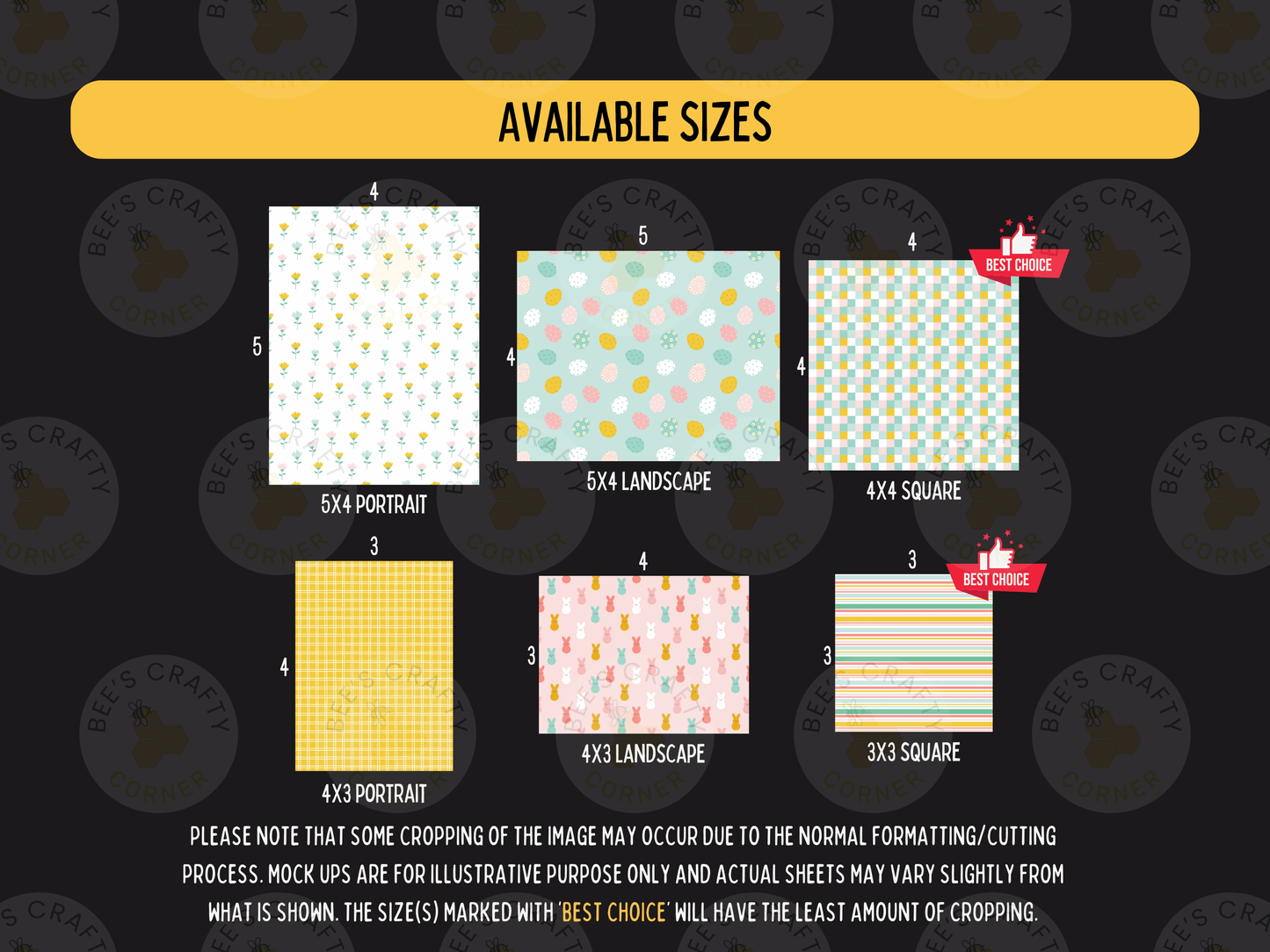 a collection of available sizes for various patterns and designs, including portraits, landscapes, squares, and stripes.