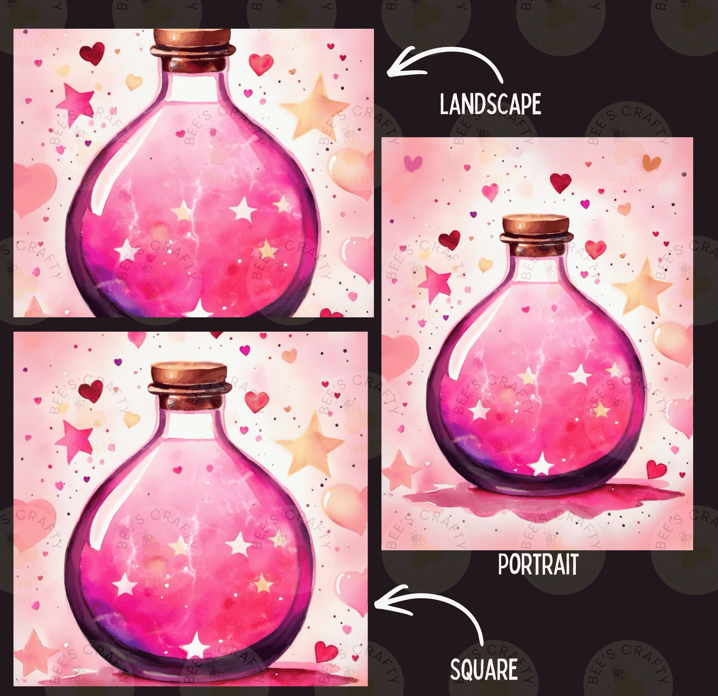The image is a collage of three pictures, each depicting a pink glass bottle filled with a pink liquid and surrounded by stars and hearts. The first picture is a landscape, the second is a portrait, and the third is a square.