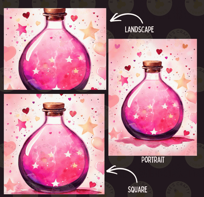 The image is a collage of three pictures, each depicting a pink glass bottle filled with a pink liquid and surrounded by stars and hearts. The first picture is a landscape, the second is a portrait, and the third is a square.
