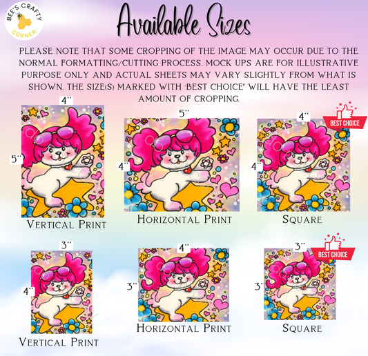 The image is a collage of six different sizes of illustrations featuring a cartoon character with pink hair and a white body, surrounded by various colorful elements such as flowers, stars, and hearts.