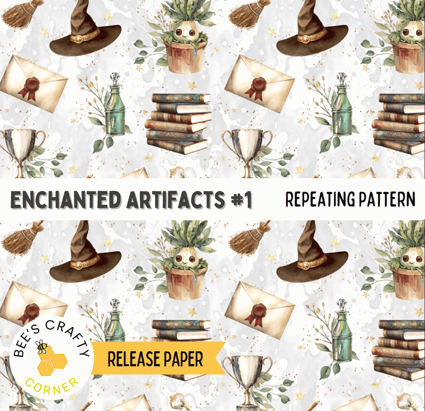 The image is a repeating pattern of various objects, including a witch's hat, a broom, a trophy, a book, a plant, and a bottle, all set against a white background.