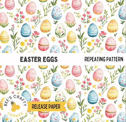 The image is a repeating pattern of Easter eggs and flowers, with the text "EASTER EGGS" and "REPEATING PATTERN" visible.