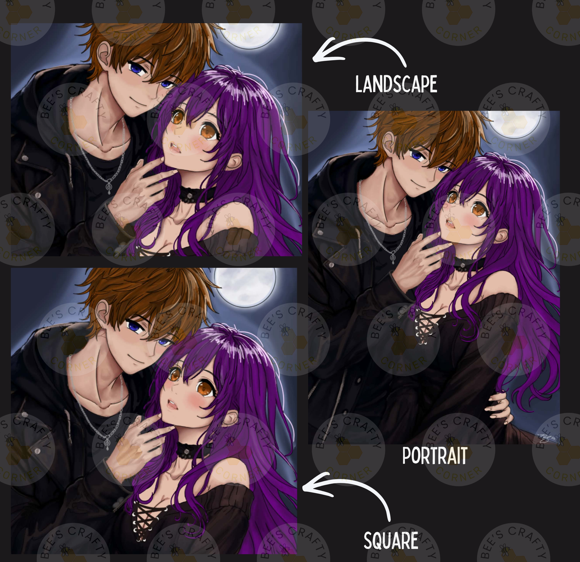 The image is a collage of four images depicting a couple embracing, with the man wearing a black jacket and the woman wearing a purple dress. The collage is labeled as a landscape and a portrait, and the square version of the image is labeled as a portrait.