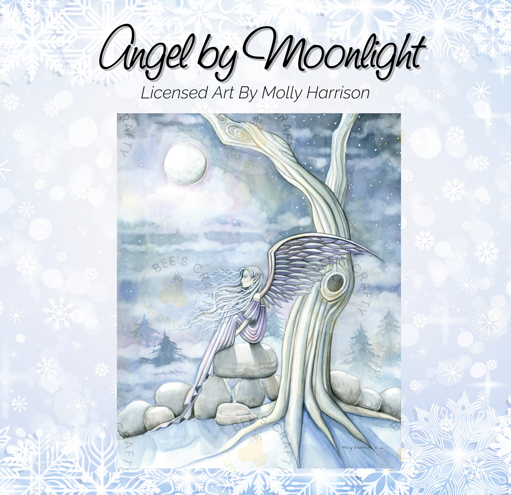 The image is a watercolor painting depicting a winged figure sitting on a rock, with a snowy landscape and a full moon in the background.