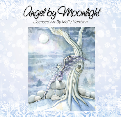 The image is a watercolor painting depicting a winged figure sitting on a rock, with a snowy landscape and a full moon in the background.