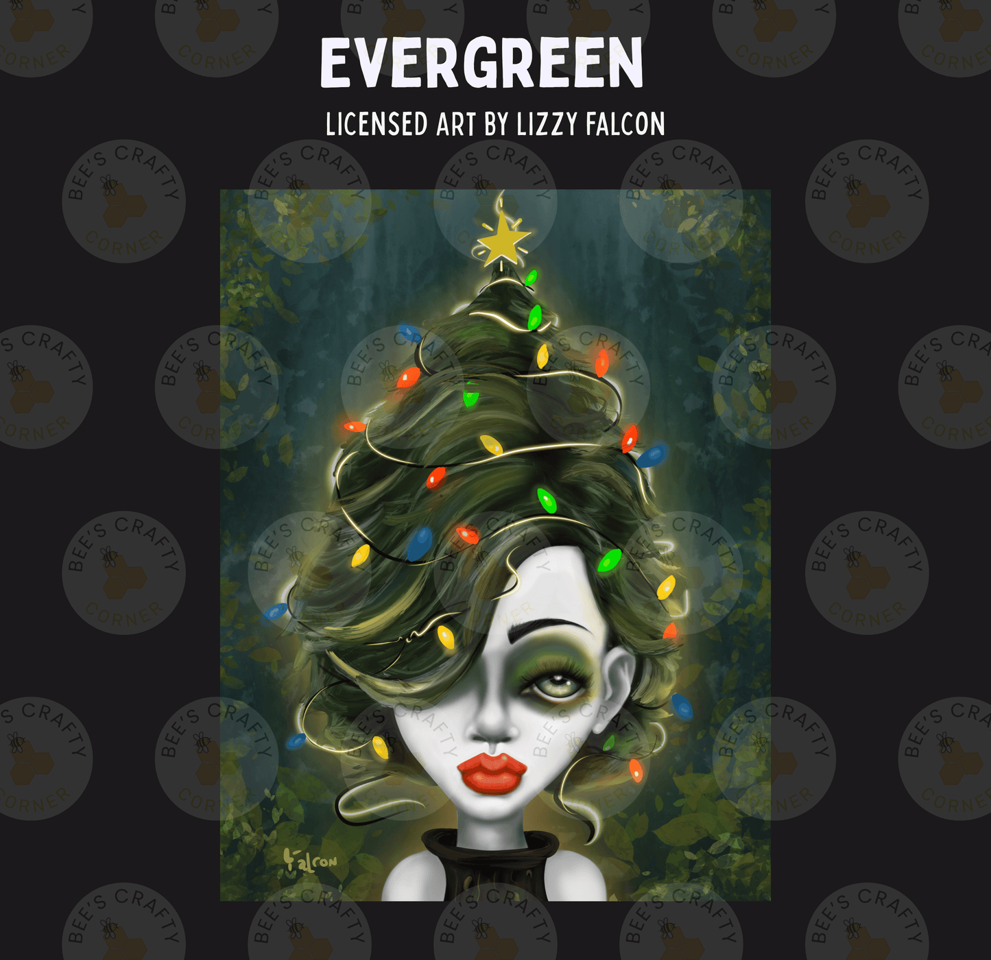 The image is a digital illustration featuring a woman with a green, wavy hairstyle and red lips, wearing a black top. The background is a dark green color with a Christmas tree-like shape and colorful lights.