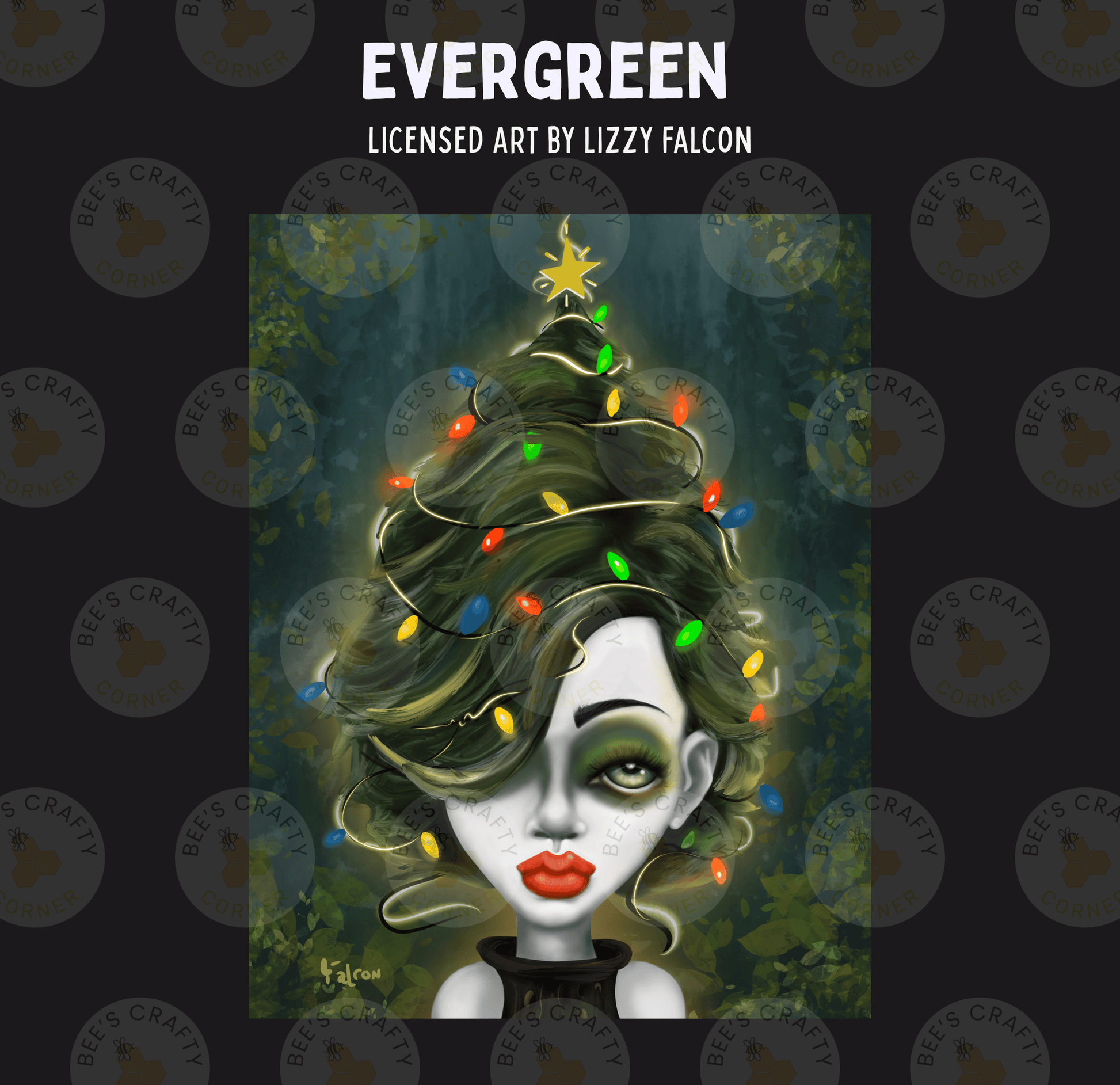 The image is a digital illustration featuring a woman with a green, wavy hairstyle and red lips, wearing a black top. The background is a dark green color with a Christmas tree-like shape and colorful lights.