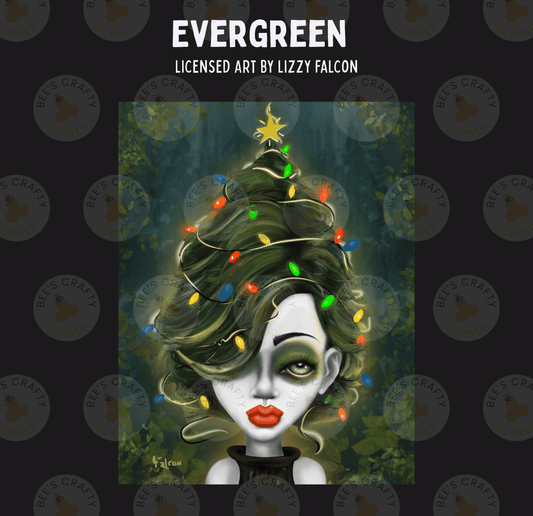 The image is a digital illustration featuring a woman with a green, wavy hairstyle and red lips, wearing a black top. The background is a dark green color with a Christmas tree-like shape and colorful lights.