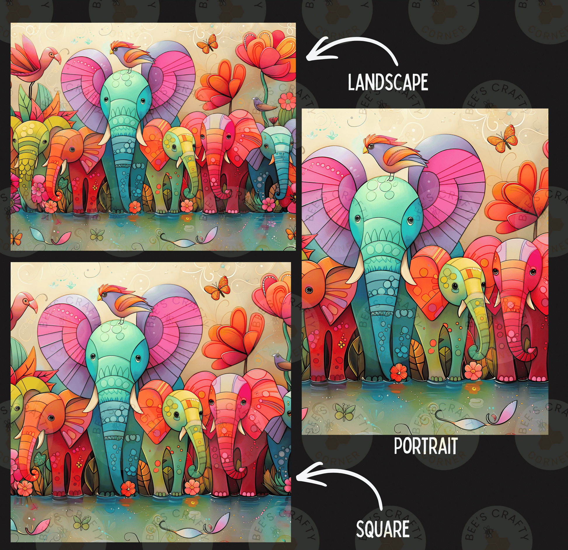 The image is a collage of two square images, each depicting a landscape with elephants and colorful flowers. The first image is a landscape, and the second is a portrait.