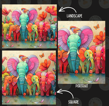 The image is a collage of two square images, each depicting a landscape with elephants and colorful flowers. The first image is a landscape, and the second is a portrait.