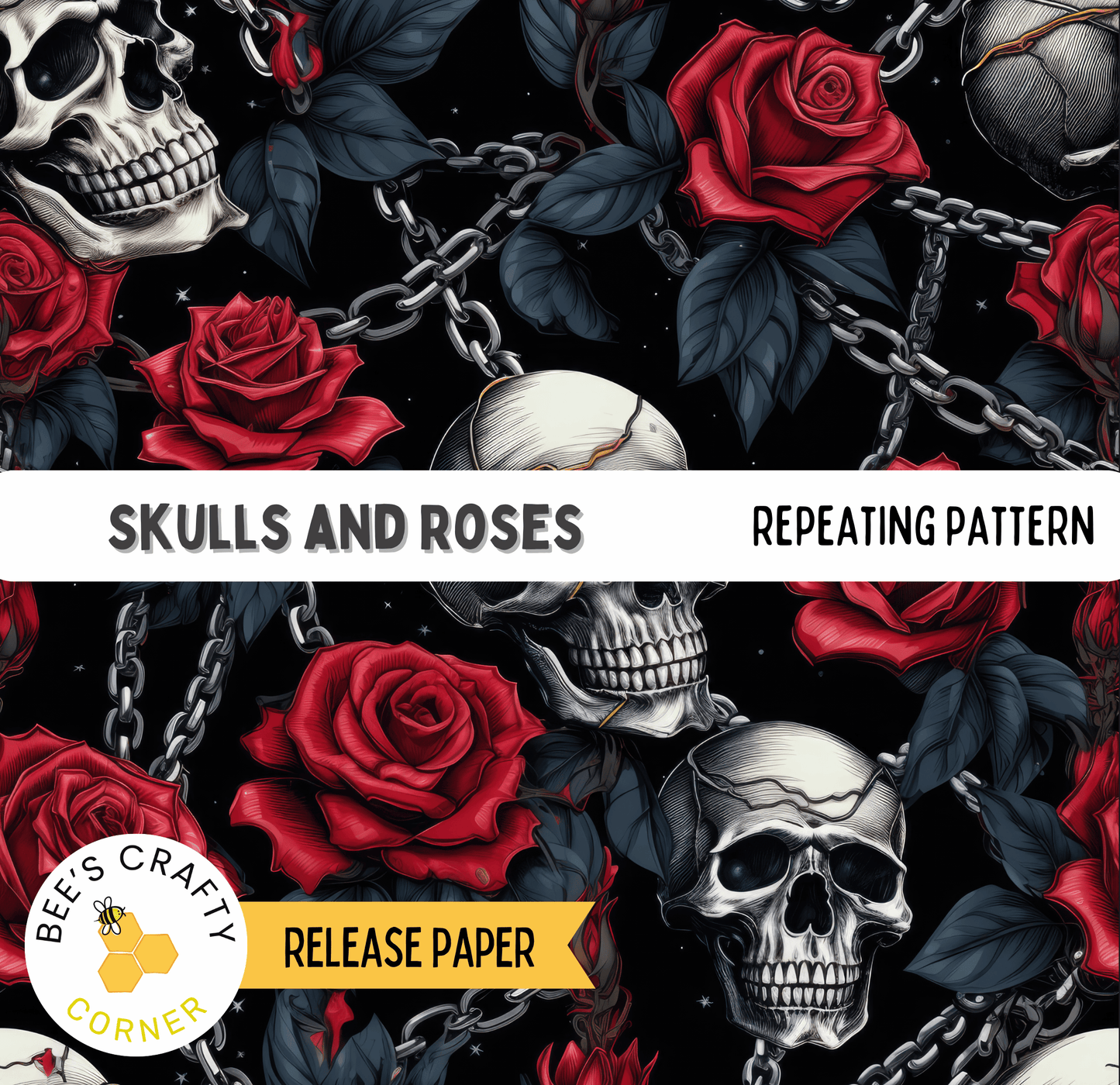 The image is a repeating pattern of skull and rose motifs, with the skull and rose elements arranged in a visually striking and intricate manner.