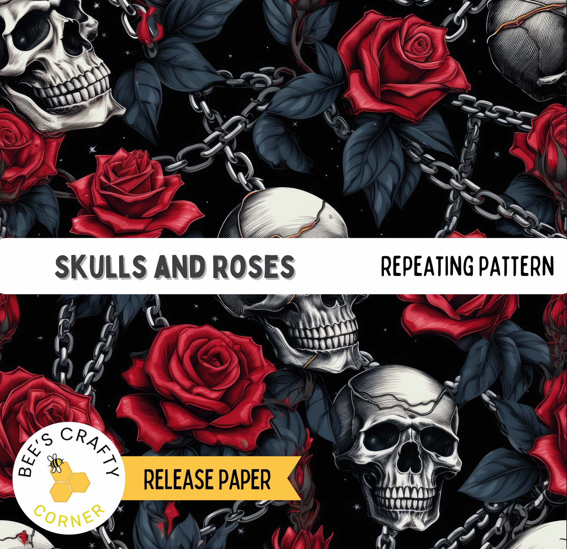 The image is a repeating pattern of skull and rose motifs, with the skull and rose elements arranged in a visually striking and intricate manner.