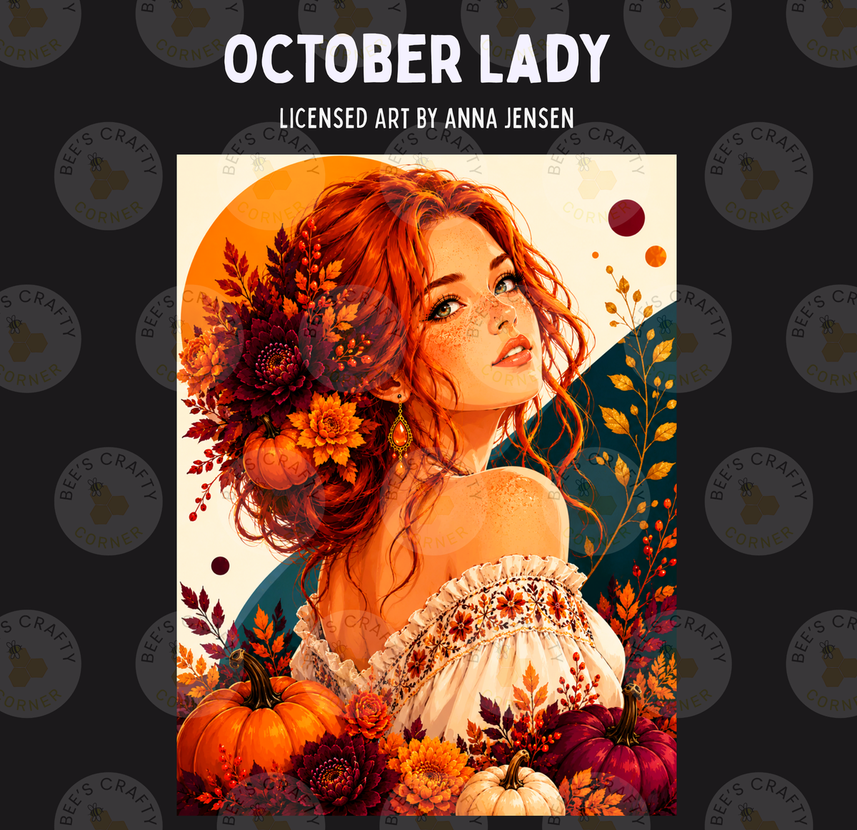 The image is a vibrant illustration of a woman with red hair and a white dress, surrounded by autumn foliage and pumpkins.