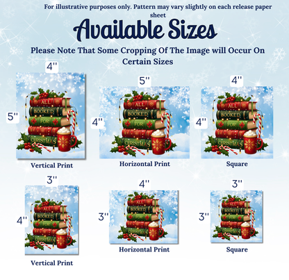 The image is a collection of six different sizes of Christmas-themed book illustrations, each with a unique design and size. The books are stacked vertically, with each book varying in height and width. The sizes of the books range from 4" to 5" and 3" to 4", with some books being larger than others. The illustrations are designed to represent the festive spirit of Christmas, with the books and decorations arranged in a visually appealing manner.
