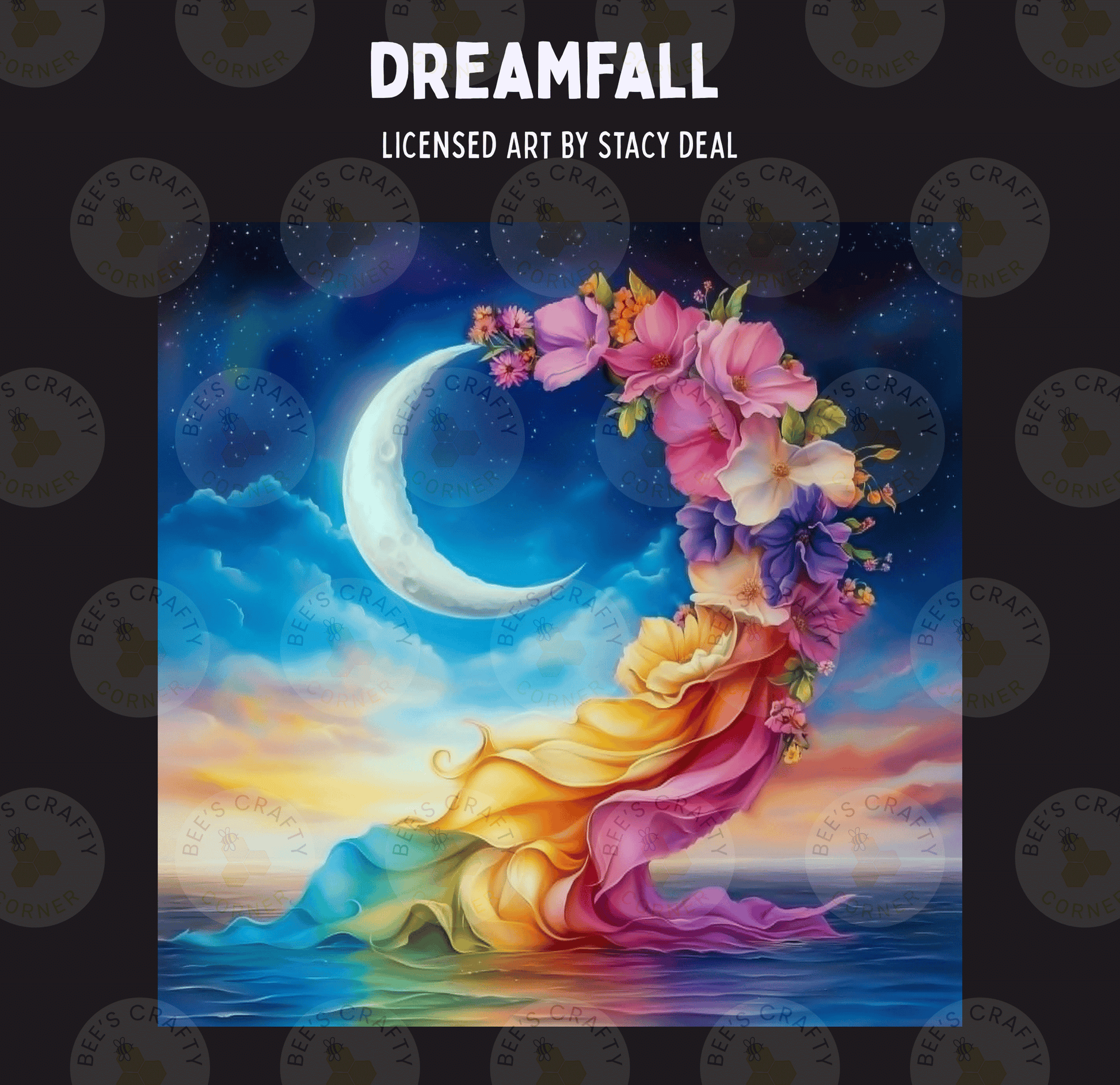 The image is a vibrant and colorful painting depicting a crescent moon surrounded by a floral arrangement, set against a backdrop of a serene body of water and a sky filled with stars.