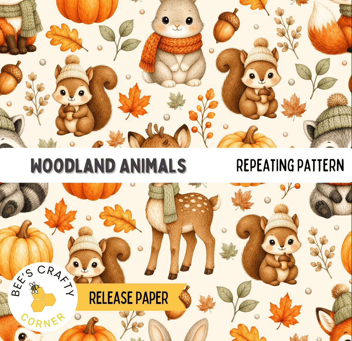 The image is a repeating pattern of woodland animals, including squirrels, deer, and raccoons, along with autumn leaves and pumpkins.