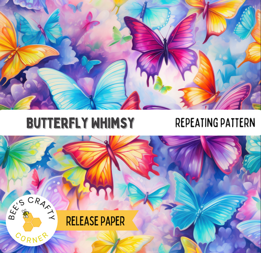The image is a vibrant and colorful collage of various butterflies in different sizes and colors, creating a visually striking and whimsical pattern.