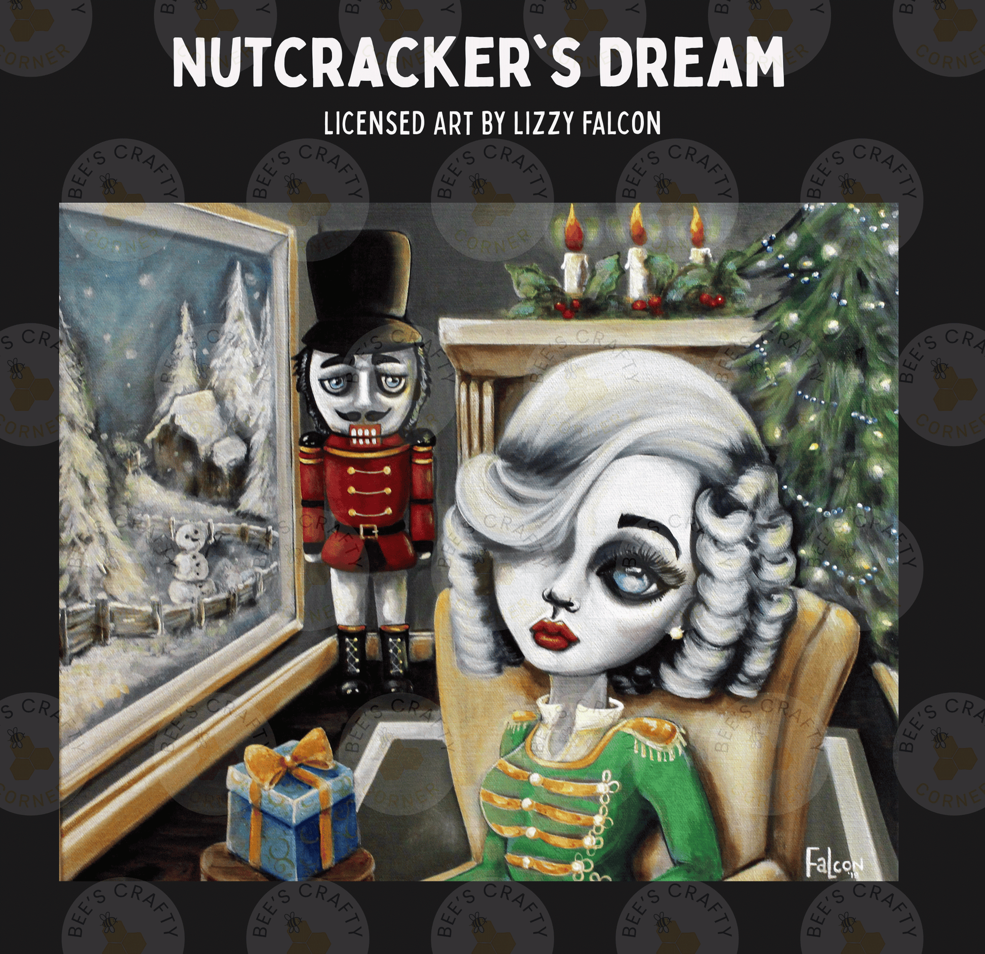 The image is a painting depicting a scene with a nutcracker and a woman, likely representing the Nutcracker's Dream.