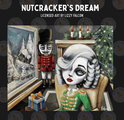 The image is a painting depicting a scene with a nutcracker and a woman, likely representing the Nutcracker's Dream.