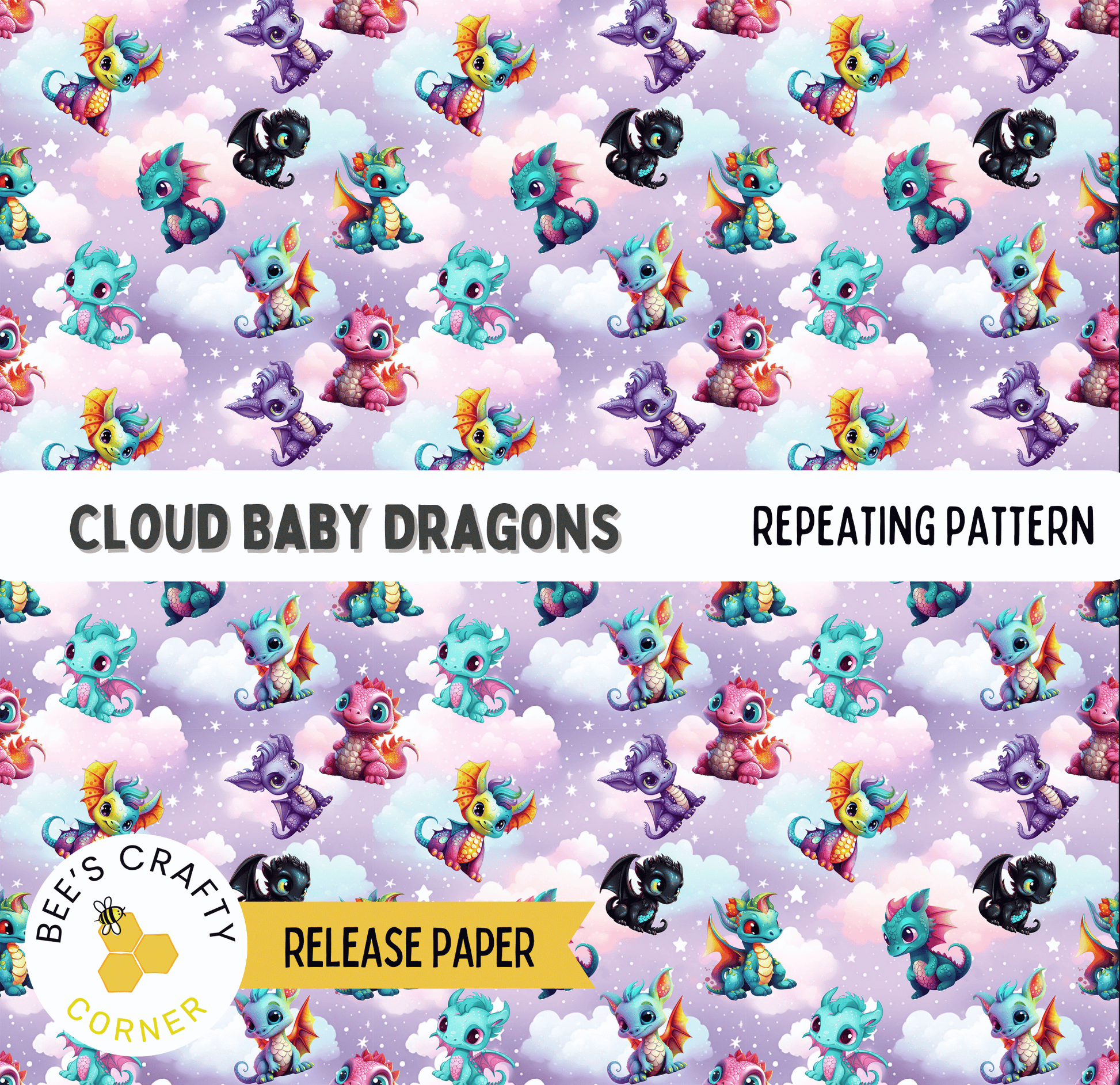 The image is a repeating pattern of colorful baby dragons against a purple background.