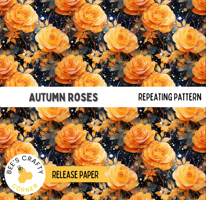 The image is a repeating pattern of orange roses against a dark background, with the text "Autumn Roses" and "REPEATING PATTERN" visible.