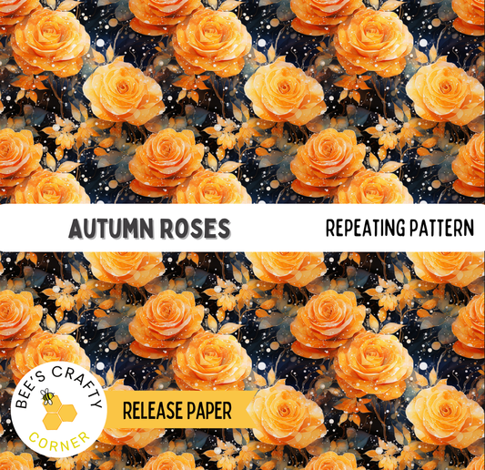 The image is a repeating pattern of orange roses against a dark background, with the text "Autumn Roses" and "REPEATING PATTERN" visible.