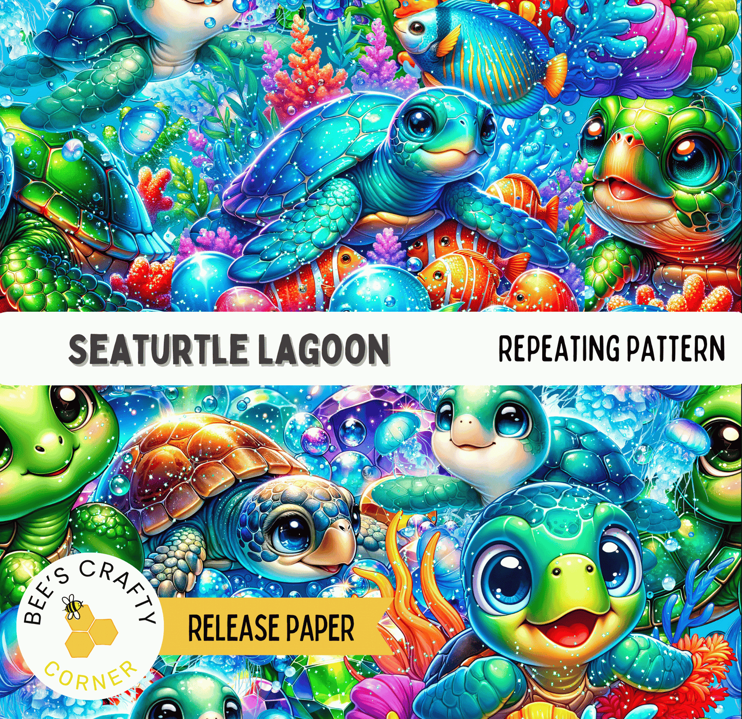 The image is a vibrant and colorful collage of cartoon-style sea turtles swimming amidst various marine life, including fish and coral. The pattern is repetitive, creating a visually engaging and playful composition.
