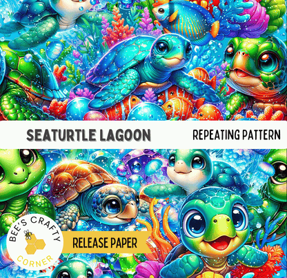 The image is a vibrant and colorful collage of cartoon-style sea turtles swimming amidst various marine life, including fish and coral. The pattern is repetitive, creating a visually engaging and playful composition.