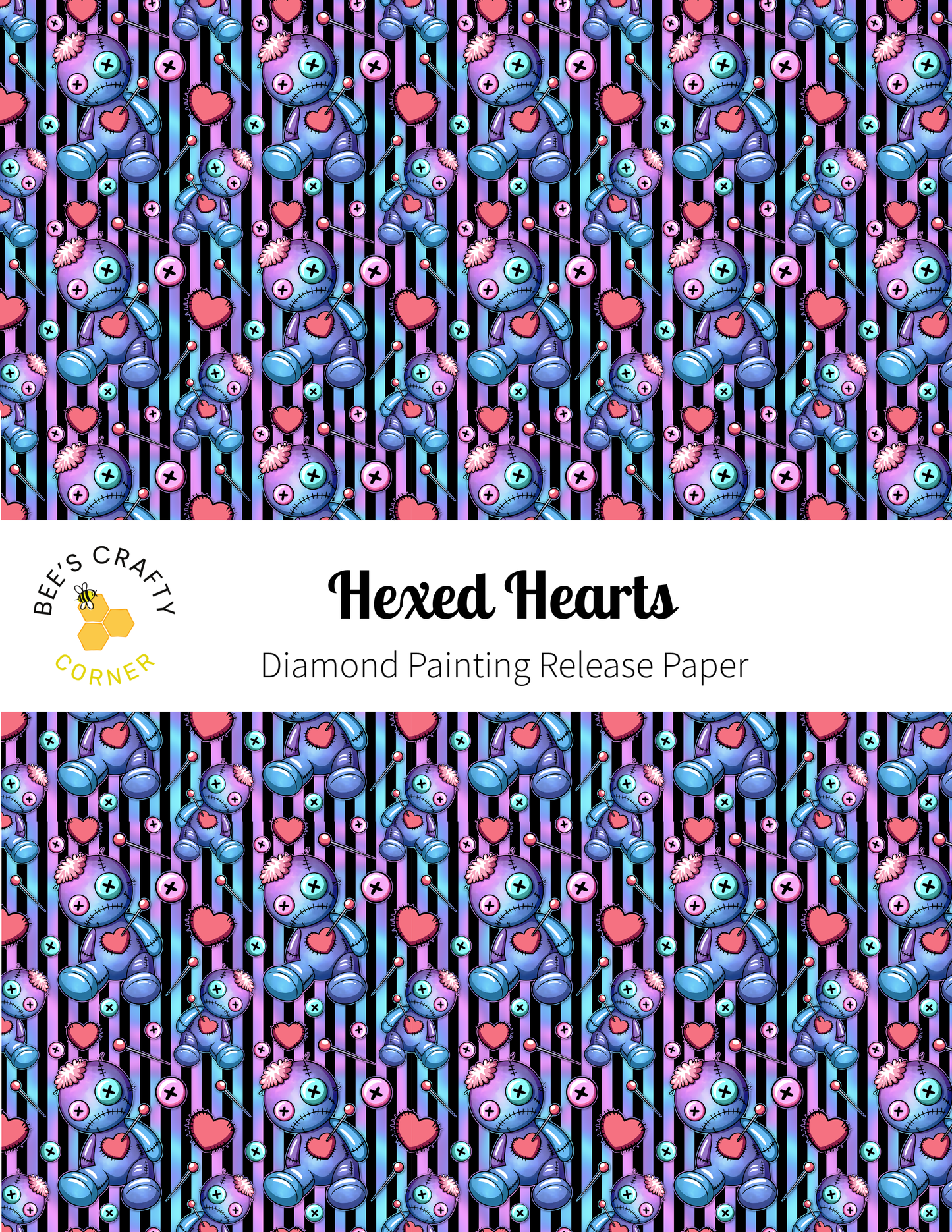 The image is a repeating pattern of various cartoon-like creatures, including fish, insects, and other small animals, arranged in a striped design. The pattern has a vibrant color scheme with shades of purple, pink, and blue. The text "Hexed Hearts" is prominently displayed, indicating the name of the pattern or design.