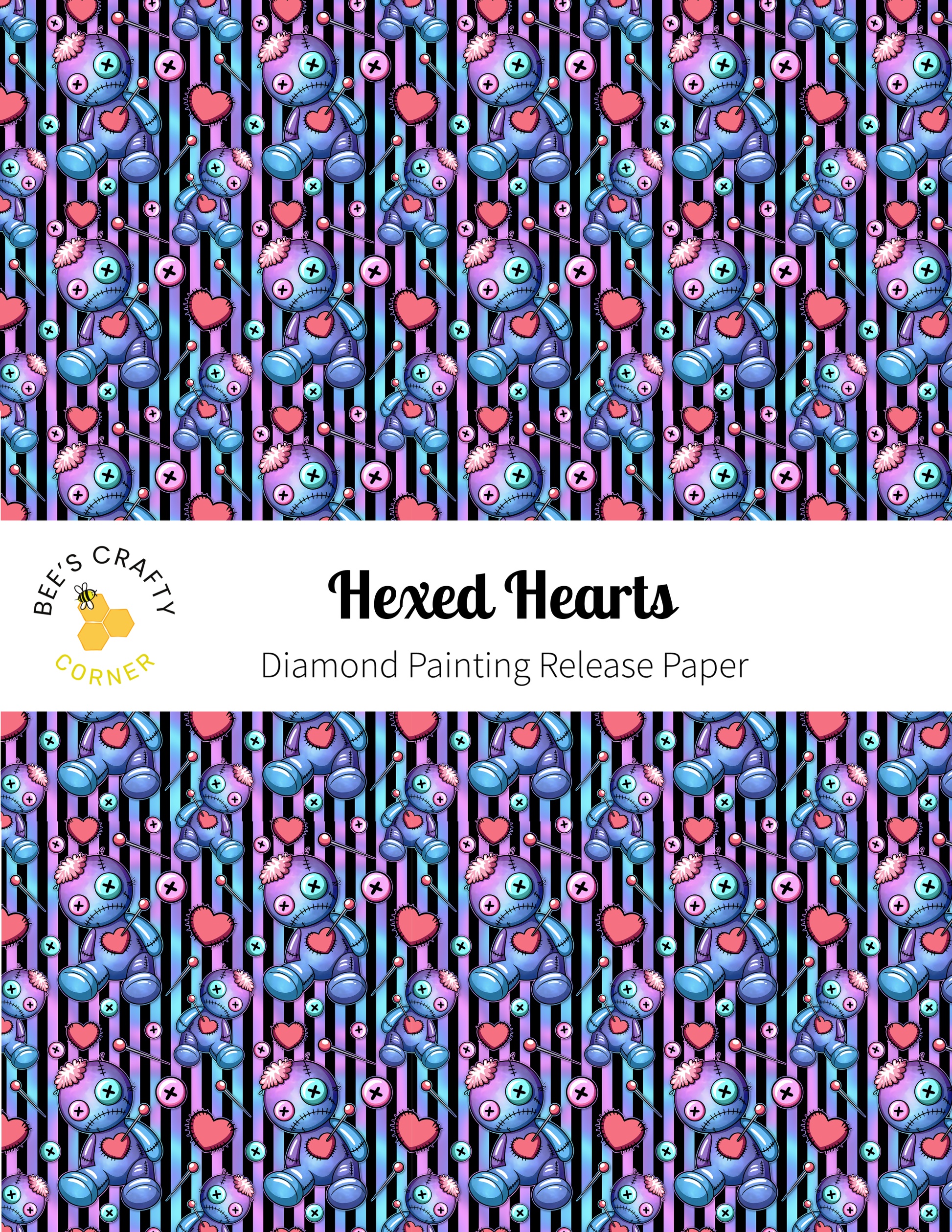 The image is a repeating pattern of various cartoon-like creatures, including fish, insects, and other small animals, arranged in a striped design. The pattern has a vibrant color scheme with shades of purple, pink, and blue. The text "Hexed Hearts" is prominently displayed, indicating the name of the pattern or design.