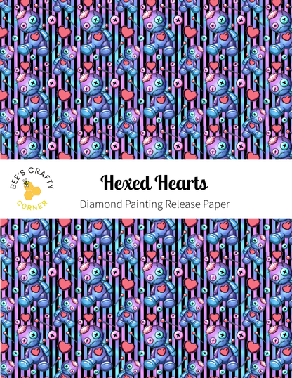 The image is a repeating pattern of various cartoon-like creatures, including fish, insects, and other small animals, arranged in a striped design. The pattern has a vibrant color scheme with shades of purple, pink, and blue. The text "Hexed Hearts" is prominently displayed, indicating the name of the pattern or design.
