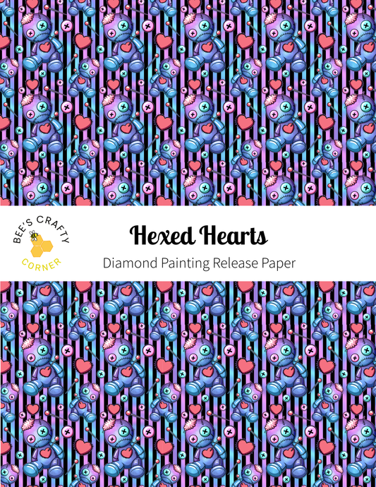 The image is a repeating pattern of various cartoon-like creatures, including fish, insects, and other small animals, arranged in a striped design. The pattern has a vibrant color scheme with shades of purple, pink, and blue. The text "Hexed Hearts" is prominently displayed, indicating the name of the pattern or design.