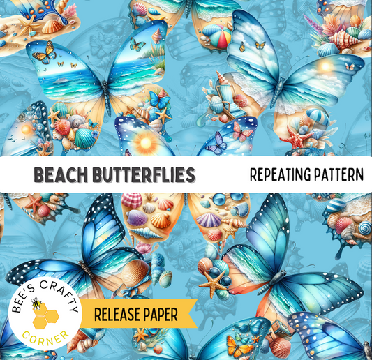 The image is a collage of various colorful butterflies and seashells against a blue background.