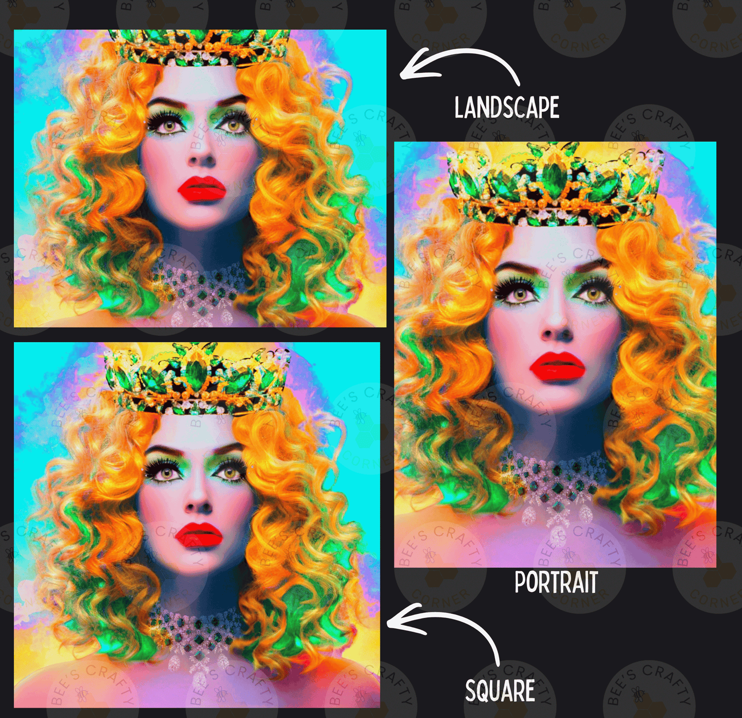 The image is a collage of three images depicting a woman with curly blonde hair wearing a crown, with the words "LANDSCAPE" and "PORTRAIT" indicating the different artistic styles used.