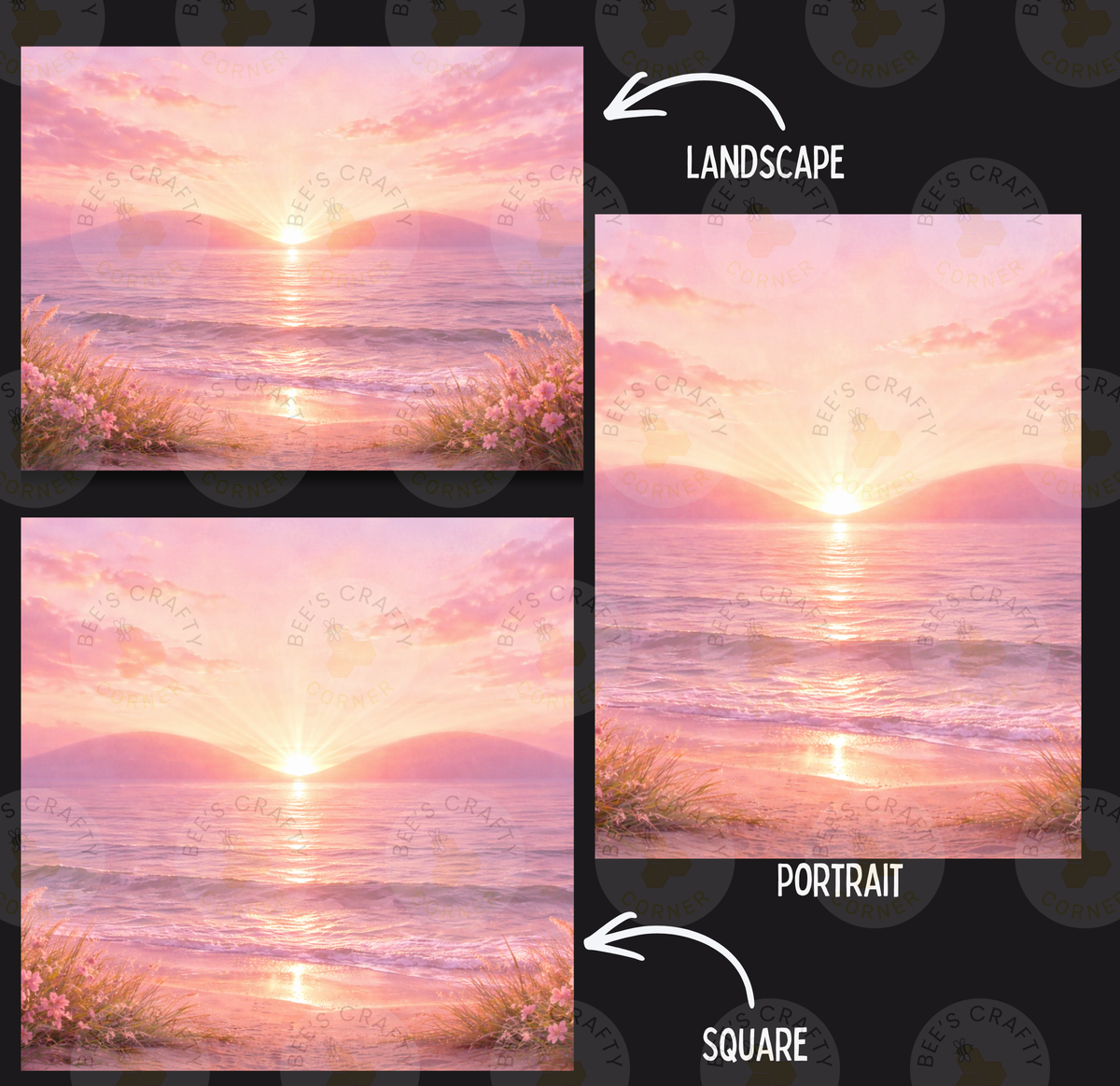 The image is a collage of three pictures depicting a sunset over a beach. The first picture shows the sunset over the ocean, the second picture shows the sunset over a mountainous landscape, and the third picture shows the sunset over a beach.
