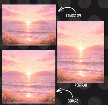 The image is a collage of three pictures depicting a sunset over a beach. The first picture shows the sunset over the ocean, the second picture shows the sunset over a mountainous landscape, and the third picture shows the sunset over a beach.
