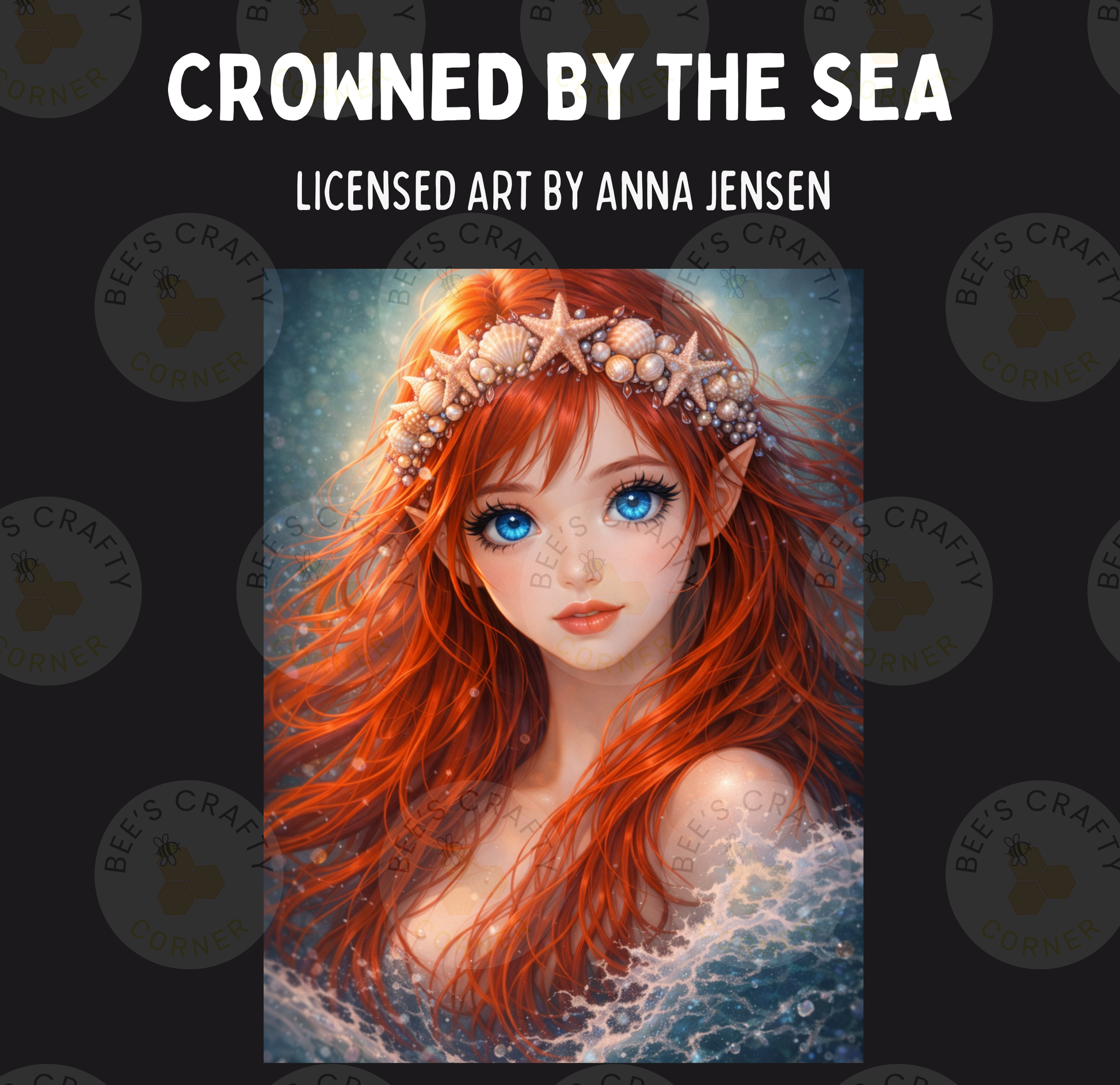 The image is a digital illustration of a young woman with red hair and blue eyes, wearing a crown of seashells and surrounded by a seascape.