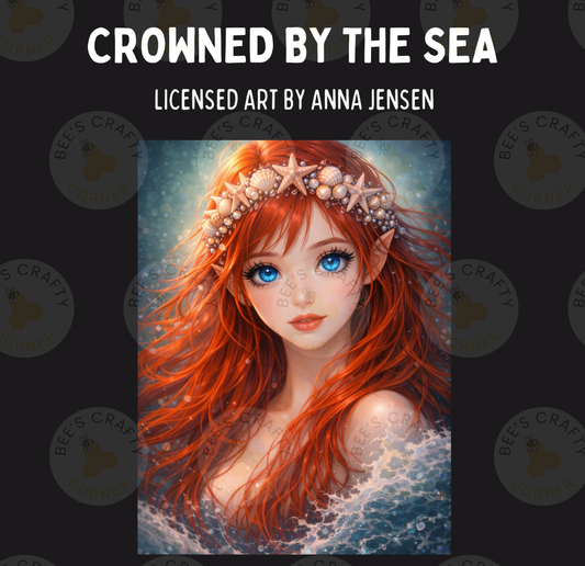 The image is a digital illustration of a young woman with red hair and blue eyes, wearing a crown of seashells and surrounded by a seascape.