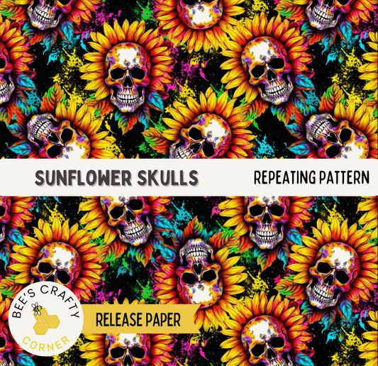 The image is a repeating pattern of colorful sunflowers with skull faces, creating a striking and visually captivating design.