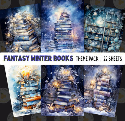 The image is a collection of fantasy winter books theme packs, each featuring a different scene with stacks of books, snow, and various winter-themed elements.