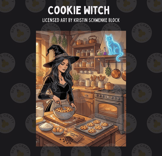 The image is a detailed illustration of a witch in a kitchen, preparing cookies. The witch is wearing a black dress and a black hat, and she is using a bowl to mix ingredients. The kitchen is well-equipped with various cooking utensils and appliances, such as an oven, a stove, and a sink. There are also several bottles and jars on the countertop, as well as a bowl of cookies. A cat is also present in the scene, sitting on a shelf or a countertop.