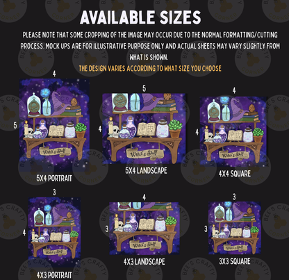 six different sizes of illustrations or designs related to the theme of "What's a Shrink". The illustrations depict various objects and scenes, such as bottles, plants, and books, all set against a purple background. The sizes of the illustrations vary, ranging from small to large, and each one has a different caption or description. The caption or description for each illustration is not provided, as it would be redundant and vague if described in detail.