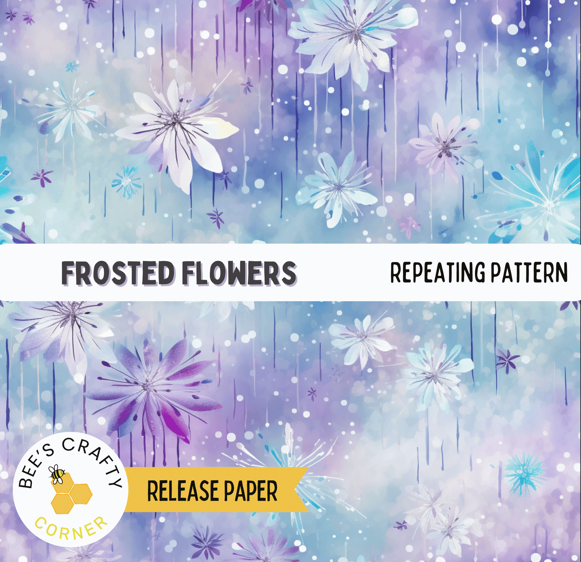 The image is a repeating pattern of frosted flowers against a blue and purple background, with the text "FROSTED FLOWERS" and "REPEATING PATTERN" prominently displayed.