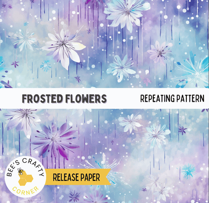 The image is a repeating pattern of frosted flowers against a blue and purple background, with the text "FROSTED FLOWERS" and "REPEATING PATTERN" prominently displayed.